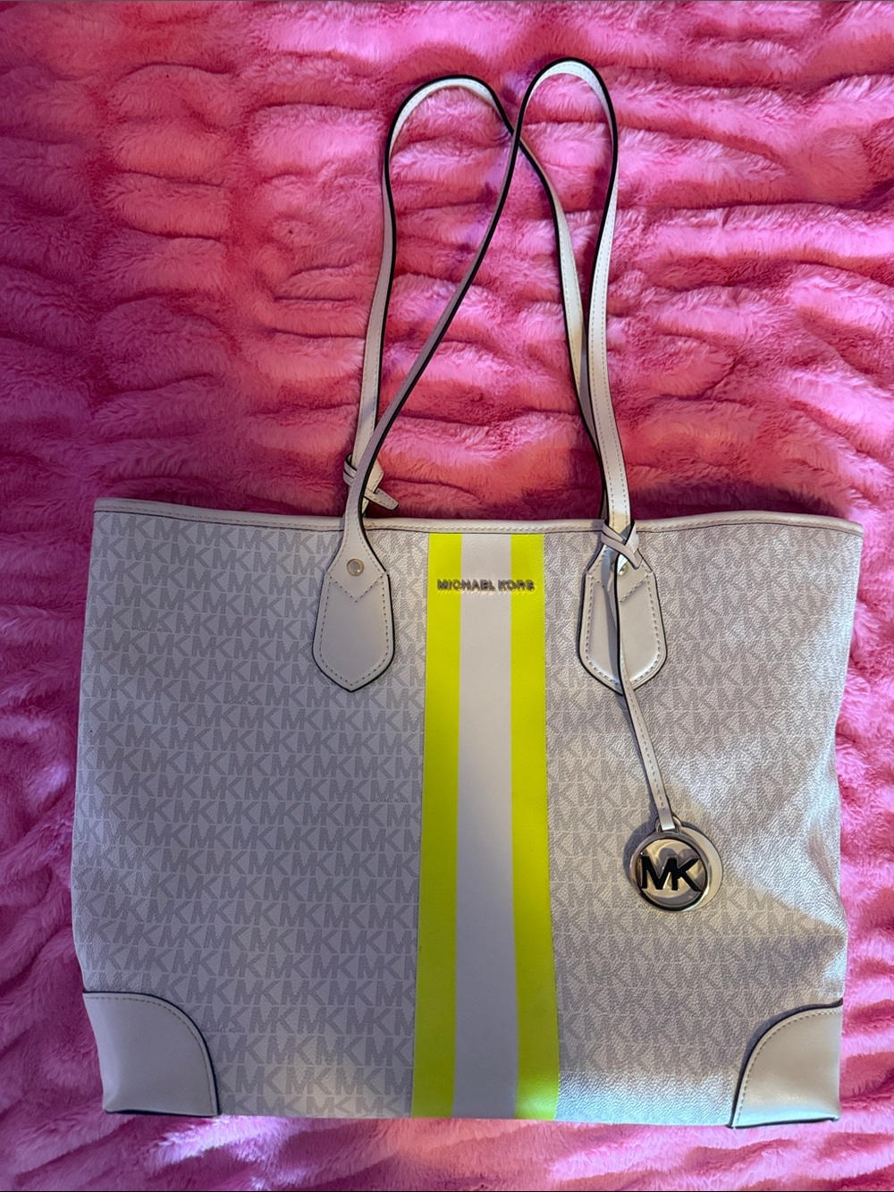 Michael Kors White Tote with Neon Yellow Stripe